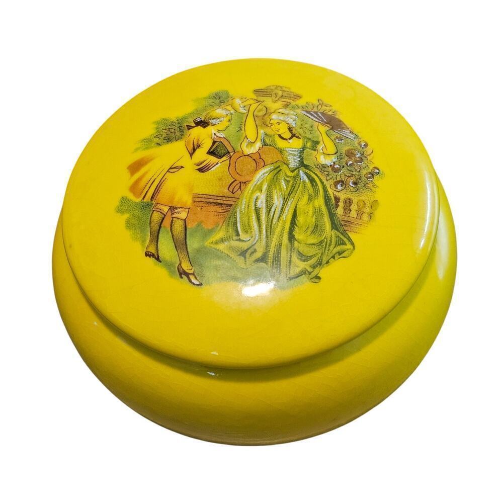 Vintage Victorian Trinket Jewelry Box Yellow Round Ceramic Keepsake Medieval